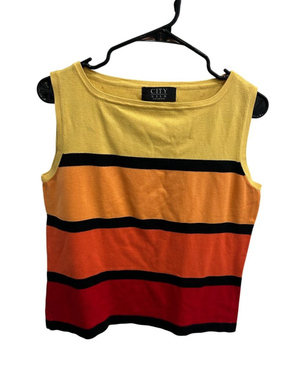 City Silk Knitwear Womens Yellow Red Orange Striped Sleeveless Top Preppy Chic